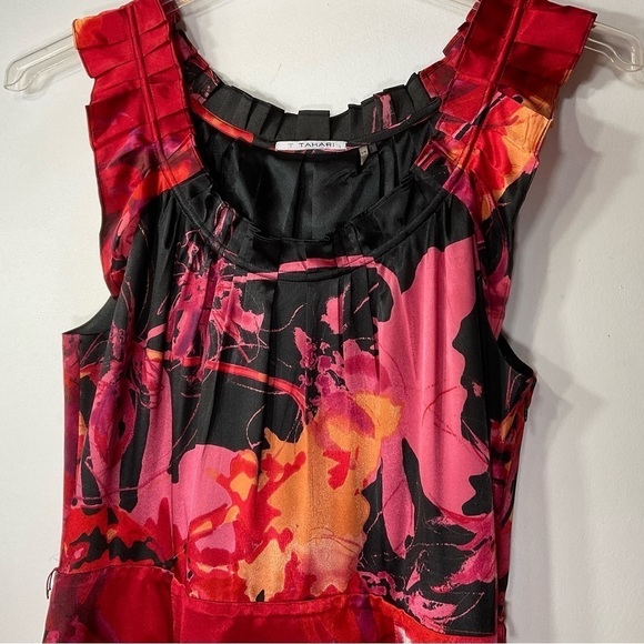 Tahari Dress Red Black Pink Satin Floral Ruffle Satin Size M - Picture 4 of 11